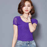 短袖t恤女夏季韩国网纱大码女装打底衫修身简约百搭显瘦蕾丝上衣