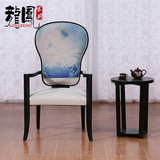 新中式印花餐椅酒店工程休闲椅水曲柳布艺洽谈椅实木形象椅子定制