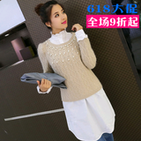 假两件套2015秋冬韩版新款通勤女式连衣裙钉珠衬衫打底拼接毛衣潮