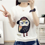 夏季韩版新款大码女装猫头鹰贴布蕾丝女士短袖女上衣宽松白色T恤