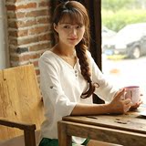 夏季七分袖棉麻T恤女衬衫韩版修身女装纯色清新V领短袖亚麻上衣