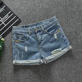 2016夏季新款韩版破洞牛仔短裤女潮修身显瘦卷边直筒学生做旧热裤