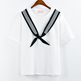 夏季韩国东大门绑带海军风领结短袖T恤女学院简约宽松女学生上衣