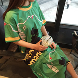 2016夏季韩国韩版个性时尚卡通字母绿色短袖宽松大码超长T恤裙女