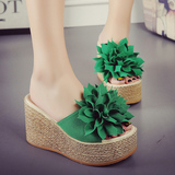 夏季新款花朵拖鞋女韩版时尚松糕厚底坡跟一字拖凉拖高跟女鞋凉鞋