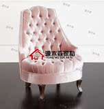 美式粉色绒布拉扣单人沙发欧式新古典布艺老虎椅咖啡厅异形沙发椅