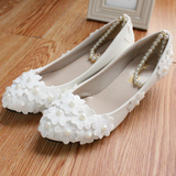 韩版手工新娘伴娘鞋平底白色低跟软底鞋婚纱影楼拍照珍珠脚链鞋女