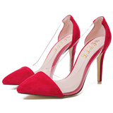 夏新款欧美10cm高跟鞋细跟7cm尖头浅口透明玻璃胶女单鞋婚鞋红色