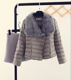2015冬季新款女装拼接兔毛西装领修身显瘦短款棉衣外套