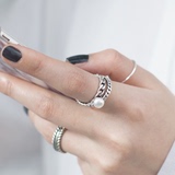 chiclife925纯银韩国复古珍珠链条交叉缠绕开口戒指女指环礼物