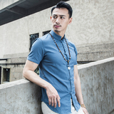 外贸原单夏季男士中国风天然亚麻衬衫立领短袖衬衣男薄款棉麻寸衫