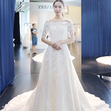 婚纱礼服2016新款韩式新娘一字肩中长袖婚纱长拖尾蕾丝大码修身