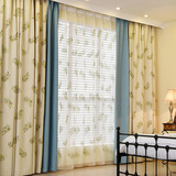 现代棉麻绣花布拼接蓝色树叶田园窗帘成品卧室飘窗落地窗客厅遮光