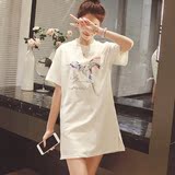 夏装新款女装2016 韩版亮片刺绣图案宽松圆领短袖T恤连衣裙