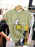 韩国东大门代购时尚个性圆领亮片香蕉字母印花卷边袖宽松T恤J5637