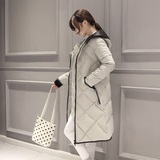 2016冬季新款韩版女装棉衣拉链纯色通勤长袖连帽拼接长款加厚棉服