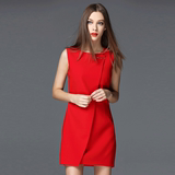 夏季大红色连衣裙遮肚子修身显瘦欧美高端大牌雪纺无袖短款OL裙子