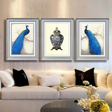 蓝孔雀酒店宾馆装饰画素材北欧客厅卧室走廊过道挂画有框三拼墙画