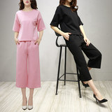 2016春装新款女装韩版时尚大码宽松纯粉色针织阔腿裤套装两件套女