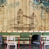 大型欧式立体木板手绘创意邮票建筑主题壁画西餐厅饭店背景墙壁纸