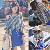 2016新款夏季女装韩版时尚一字肩条纹雪纺衫灯笼七分袖中长款上衣