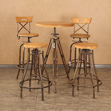 美式铁艺升降吧台椅实木复古咖啡厅桌椅高脚凳子创意酒吧桌椅组合