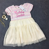出口日本原单80-140码女童粉色条纹短袖连衣裙 小清新公主裙