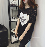 韩版女士大码字母简约短袖T恤裙女夏季宽松刺绣蕾丝薄透明打底衫