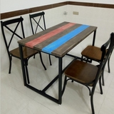 loft美式复古做旧彩色条纹铁艺实木休闲餐桌椅组合咖啡桌电脑桌椅