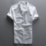 2016夏季青年男士休闲亚麻衬衫商务常规款白色棉麻翻领短袖衬衣男