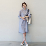 韩国代购女装2016夏装新款条纹开叉七分袖连衣裙清新中长款衬衫裙
