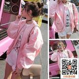 小灵2016春夏新款韩版粉色拉链小圆领长袖夹克棒球服女外套上衣潮