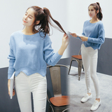 秋季新款韩国纯色毛衣女短款长袖线衫套头宽松学生波浪圆领针织衫