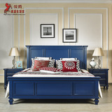 美式实木床 蓝色双人床 欧式雕刻大床 卧室家具 1.8M蓝色平板床