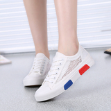 2016夏新款镂空蕾丝亮片帆布鞋女韩版系带平底鞋学生鞋透气低帮鞋