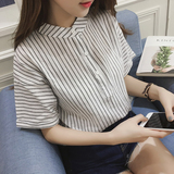 2016春夏装新款韩版衬衫女 黑白竖条纹中袖上衣宽松雪纺衫打底衫