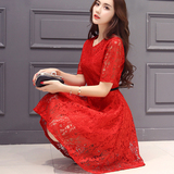 2016韩版夏新款女装圆领红色大码蕾丝蓬蓬连衣裙显瘦中长打底礼服