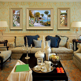 欧式客厅沙发后面背景墙三联画油画质感有框画挂画高档风景组合画