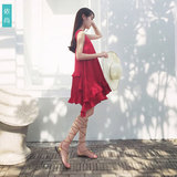女生连衣裙长裙中长款纯色宽松可爱裙红色吊带百褶裙显瘦大码裙夏