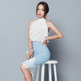 2016韩版夏季新款女装两件套裙性感露肩修身拼接蕾丝包臀连衣裙潮