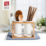 简域日式纯白陶瓷筷子筒自然竹木双筒筷子盒架创意实用沥水筒套装