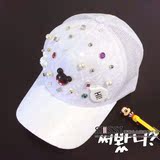 现货16年夏韩国正品代购珍珠米奇水钻柳钉装饰亮片类似鸭舌棒球帽