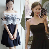 mmgs夏季新款 韩版性感蕾丝一字肩上衣+抹胸裙两件套公主连衣裙