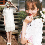 2016夏装新款韩版甜美小清新立体拼接花朵短袖中长款雪纺连衣裙女