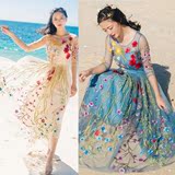 波西米亚七分袖海边沙滩裙大摆度假裙重工刺绣花朵网纱连衣裙长裙