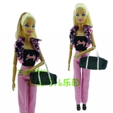 外贸Barbie芭比娃娃时尚休闲正版衣服长裤套装 粉豹纹马甲黑包鞋
