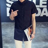 青年韩版修身条纹薄款寸衣夏季短袖衬衫男学生情侣衬衣中长款半袖