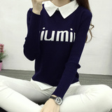 2016春秋季新款字母长袖衬衫毛衣假两件女学生韩版修身套头针织衫