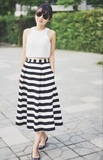 Jour boutique2016女装夏季新品高端定制黑白条纹中长裙