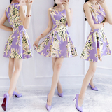 2016夏季新款韩版无袖高腰印花裙 中长款气质修身显瘦A字连衣裙女